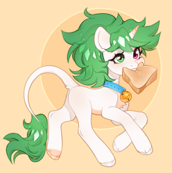 Size: 3383x3417 | Tagged: safe, artist:aphphphphp, derpibooru import, oc, oc only, oc:sugarstar, pony, unicorn, absurd resolution, bell, bell collar, bread, collar, food, simple background, solo