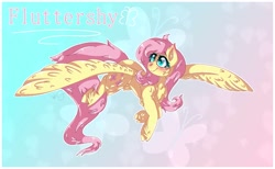 Size: 1749x1078 | Tagged: safe, artist:silverthewolfie, derpibooru import, fluttershy, pegasus, pony, cutie mark background, fluffy, flying, large wings, solo, spread wings, text, wings