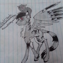 Size: 1080x1080 | Tagged: safe, artist:spotted2_paws, derpibooru import, oc, oc only, cat, pegasus, pony, chest fluff, duo, lined paper, pegasus oc, raised hoof, raised leg, signature, traditional art, wings