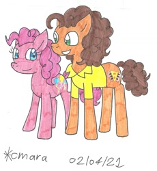 Size: 1202x1308 | Tagged: safe, artist:cmara, derpibooru import, cheese sandwich, pinkie pie, earth pony, pony, cheesepie, clothes, female, grin, looking at each other, male, mare, shipping, shirt, simple background, smiling, stallion, straight, traditional art, white background