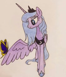 Size: 531x626 | Tagged: safe, artist:lunaart, derpibooru import, princess luna, alicorn, butterfly, pony, cute, lunabetes, s1 luna, solo, traditional art