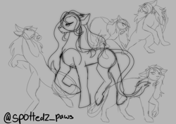 Size: 1414x1000 | Tagged: safe, artist:spotted2_paws, derpibooru import, oc, oc only, earth pony, pony, earth pony oc, gray background, leonine tail, lineart, raised hoof, raised leg, rearing, simple background, sketch, sketch dump