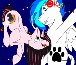 Size: 1163x998 | Tagged: safe, artist:spotted2_paws, derpibooru import, oc, oc only, pegasus, pony, unicorn, camera shot, controller, duo, grin, horn, looking at each other, night, open mouth, outdoors, paw prints, pegasus oc, smiling, stars, unicorn oc, wings