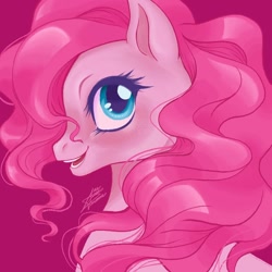 Size: 1080x1080 | Tagged: safe, artist:anabarana, derpibooru import, pinkie pie, earth pony, pony, bust, eyelashes, female, mare, open mouth, open smile, profile, purple background, side view, signature, simple background, smiling, solo