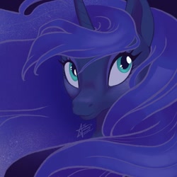 Size: 1080x1080 | Tagged: safe, artist:anabarana, derpibooru import, princess luna, alicorn, pony, bust, ethereal mane, eyelashes, female, horn, mare, signature, solo, starry mane