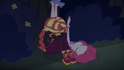 Size: 1136x640 | Tagged: safe, derpibooru import, screencap, pinkie pie, sunset shimmer, better together, equestria girls, sunset's backstage pass!, clothes, head pat, night, pat, patting, slippers