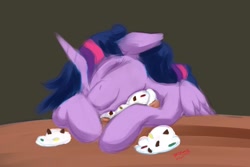 Size: 1051x701 | Tagged: safe, artist:btbunny, derpibooru import, twilight sparkle, twilight sparkle (alicorn), alicorn, pony, castle sweet castle, chocolate chips, ears, eyes closed, female, floppy ears, food, messy mane, pancakes, simple background, sleeping, solo, sprinkles, whipped cream