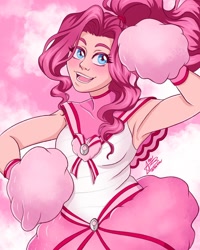 Size: 1080x1350 | Tagged: safe, artist:anabarana, derpibooru import, pinkie pie, human, abstract background, alternate hairstyle, armpits, blushing, bust, cheerleader, cheerleader outfit, choker, clothes, eyelashes, female, humanized, open mouth, pom pom, signature, skirt, smiling, solo