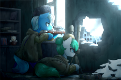 Size: 4000x2651 | Tagged: safe, artist:dipfanken, derpibooru import, oc, oc only, oc:bluebreeze, oc:zephyr, pony, city, cityscape, commission, mosin nagant, snow, soviet pony, soviet union, world war ii