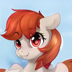 Size: 1024x1024 | Tagged: safe, artist:thisponydoesnotexist, derpibooru import, pony, bust, eye clipping through hair, female, mare, neural network, red eyes, red mane, smiling, solo