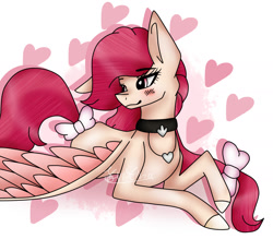 Size: 1600x1400 | Tagged: safe, artist:krissograph, derpibooru import, oc, oc:rose blossom, pegasus, blushing, heart, looking back, lying down, one ear down, pegasus oc, solo