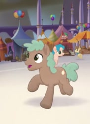 Size: 365x502 | Tagged: safe, derpibooru import, screencap, earth pony, pony, my little pony: the movie, balloon, canterlot, cropped, male, running, scared, solo focus, stallion, unnamed character, unnamed pony