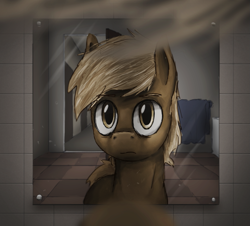 Size: 1109x1002 | Tagged: safe, artist:paper-pony, derpibooru import, oc, oc only, oc:paper pony, earth pony, mirror, offscreen character, pov