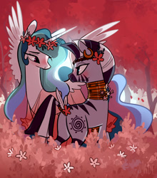 Size: 1280x1454 | Tagged: safe, artist:jademoona, derpibooru import, princess celestia, zecora, alicorn, pony, zebra, blushing, butt, clothes, female, floral head wreath, flower, lesbian, looking at each other, mare, plot, see-through, shipping, spread wings, wings, zelestia