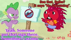 Size: 889x500 | Tagged: safe, derpibooru import, edit, edited screencap, screencap, spike, dragon, porcupine, crossed arms, duo, female, flaky, happy tree friends, male, pointing, sign, text, wat