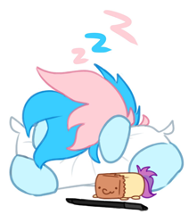 Size: 1024x1209 | Tagged: safe, artist:maren, artist:paperbagpony, derpibooru import, oc, oc:blue chewings, oc:paper bag, collaboration, onomatopoeia, pillow, plushie, sleeping, sound effects, zzz