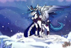 Size: 3500x2400 | Tagged: safe, artist:martazap3, derpibooru import, shining armor, alicorn, crystal pony, pegasus, pony, unicorn, alicornified, armor, crystal, crystal empire, horn, magic, male, prince shining armor, race swap, snow, solo, wings, winter