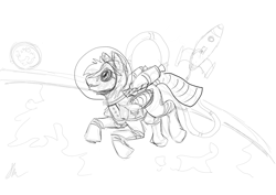 Size: 1000x707 | Tagged: safe, artist:solex, derpibooru import, oc, oc only, oc:jetstream, oc:solex, pegasus, pony, astronaut, grayscale, helmet, male, monochrome, sketch, smiling, solo, space, spacesuit, stallion, wonderbolts