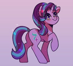 Size: 1024x920 | Tagged: safe, artist:cottonsweets, derpibooru import, starlight glimmer, pony, unicorn, cute, eyebrows, female, glimmerbetes, mare, one hoof raised, pink background, simple background, smiling, solo