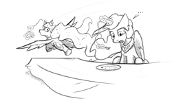 Size: 5000x3000 | Tagged: safe, artist:captainhoers, derpibooru import, princess celestia, princess luna, alicorn, pony, ..., black and white, cake, cake theft, cakelestia, duo, female, flying, food, fork, grayscale, levitation, looking back, magic, mare, monochrome, open mouth, role reversal, royal sisters, siblings, simple background, sisters, table, telekinesis, this will end in a trip to the moon, white background