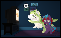 Size: 3000x1907 | Tagged: safe, artist:sherathoz, derpibooru import, oc, oc:charming dazz, oc:fossil fluster, clothes, costume, female, filly, foalsitting, kigurumi, magic, nintendo switch, telekinesis