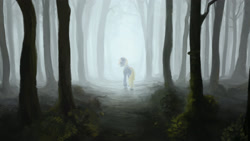 Size: 3000x1688 | Tagged: safe, artist:orhblin, derpibooru import, oc, oc only, unicorn, fog, forest, looking at you, looking back, looking back at you, solo, tree