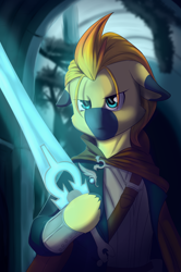 Size: 3265x4928 | Tagged: safe, artist:melodis, derpibooru import, oc, oc only, oc:yaktan, earth pony, clothes, magic the gathering, sword, weapon