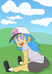 Size: 1000x1414 | Tagged: safe, artist:happy harvey, derpibooru import, oc, oc only, oc:little league, human, equestria girls, baseball cap, cap, clothes, drawn on phone, female, gap teeth, hat, hill, looking at you, looking back, looking back at you, shirt, shoes, socks, solo, spandex, stretching