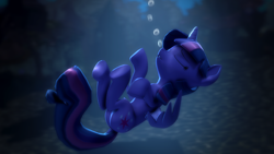 Size: 3840x2160 | Tagged: safe, artist:psfmer, derpibooru import, twilight sparkle, alicorn, pony, 3d, asphyxiation, bubble, butt, drowning, eyes closed, falling, female, mare, plot, sfm pony, solo, source filmmaker, underwater