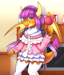 Size: 1500x1750 | Tagged: safe, artist:shadowreindeer, derpibooru import, smolder, anthro, dragon, candy, clothes, cosplay, costume, crossover, cute, dragoness, dress, eye clipping through hair, female, food, kanna kamui, kobayashi-san chi no maid dragon, lollipop, smolderbetes, socks, thigh highs, tongue out, zettai ryouiki