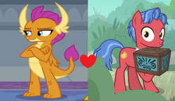 Size: 1238x720 | Tagged: safe, derpibooru import, edit, edited screencap, screencap, biscuit, smolder, dragon, earth pony, pony, growing up is hard to do, school daze, crack shipping, cropped, dragoness, female, hoof hold, male, shipping, shipping domino, smolcuit, solo, straight, surprised