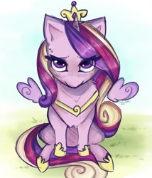 Size: 1227x1433 | Tagged: safe, artist:sombershadows, derpibooru import, princess cadance, alicorn, pony, chibi, cute, female, floating wings, jewelry, looking at you, looking up, mare, regalia, sitting, solo, wings