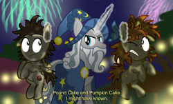 Size: 3000x1811 | Tagged: safe, artist:aleximusprime, derpibooru import, pound cake, pumpkin cake, star swirl the bearded, pegasus, unicorn, ear pull, fireworks, glowing horn, horn, lord of the rings, messy mane, subtitles, this will end in grounding