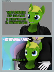 Size: 1604x2154 | Tagged: safe, artist:arcanetesla, derpibooru import, princess celestia, oc, oc:arcane tesla, alicorn, anthro, pony, unicorn, big breasts, breasts, comic strip, male, princess breastia, sfm pony, size difference, smaller male