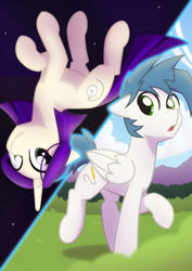 Size: 1980x2800 | Tagged: safe, artist:whitequartztheartist, derpibooru import, oc, oc:nifty sway, oc:white quartz, pegasus, pony, unicorn, divided, forest, space, time travel