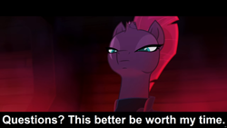 Size: 1920x1080 | Tagged: safe, derpibooru import, tempest shadow, pony, unicorn, comic:celestia's servant interview, broken horn, caption, cs captions, female, horn, interview, lidded eyes, looking at you, mare, text