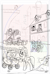 Size: 811x1215 | Tagged: safe, artist:pencils, derpibooru import, idw, cheese sandwich, derpy hooves, pinkie pie, oc, oc:sky shatter, earth pony, pegasus, unicorn, spoiler:comic, spoiler:comic94, accident, balcony, building, cheesepie, comic, concerned, crying, eyes closed, female, fibonacci sequence, fibonacci spiral, flying, foal, golden ratio, grid, hammer, hat, jewelry, layout, log, male, mare, monochrome, mouth hold, open mouth, ouch, pacifier, pain, pain star, saw, season 10, shipping, sketch, stallion, straight, stroller, textless, wings, wip, yelling