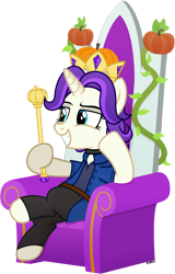 Size: 3340x5220 | Tagged: safe, artist:a4r91n, derpibooru import, pony, unicorn, abigail (stardew valley), clothes, crossover, crown, grin, hoof hold, jewelry, ponified, pumpkin, regalia, scepter, simple background, sitting, smiling, stardew valley, throne, transparent background, vector