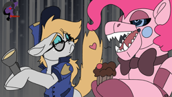 Size: 3840x2160 | Tagged: safe, artist:brainiac, pinkie pie, oc, oc:gray star, earth pony, animatronic, commission, female, five nights at pinkie's, mare, night guard, security guard