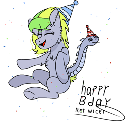 Size: 768x768 | Tagged: safe, artist:valkiria, derpibooru exclusive, derpibooru import, oc, oc only, oc:cloud drift, pegasus, pony, augmented tail, birthday, birthday gift, blank flank, chest fluff, confetti, eyes closed, female, hat, mare, open mouth, party hat, raised hoof, raised leg, simple background, sitting, solo, white background