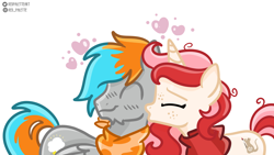 Size: 1944x1100 | Tagged: safe, artist:redpalette, derpibooru import, oc, oc:red palette, oc:shade flash, pegasus, unicorn, bandana, blushing, clothes, floating heart, freckles, heart, kiss on the cheek, kissing, scarf, simple background, smiling, white background