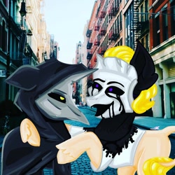 Size: 1000x1000 | Tagged: safe, artist:princess_skyresh_glow, derpibooru import, earth pony, goo, pony, black sclera, black tears, cloak, clothes, duo, laughing, leonine tail, mask, mind control, outdoors, plague doctor, ponified, possessed, scp, scp-035, scp-049, side hug, unshorn fetlocks