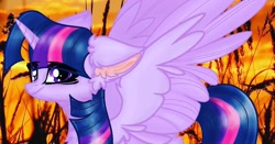 Size: 1080x565 | Tagged: safe, alternate version, artist:princess_skyresh_glow, derpibooru import, twilight sparkle, twilight sparkle (alicorn), alicorn, pony, base used, ear fluff, ears, eye clipping through hair, eyelashes, female, horn, mare, outdoors, smiling, solo, tree, wings