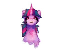 Size: 1920x1500 | Tagged: safe, artist:iridescentadopt, derpibooru import, twilight sparkle, pony, unicorn, black sclera, black tears, corrupted, corrupted twilight sparkle, creepypasta, crying, female, glowing horn, horn, open mouth, simple background, solo, white background, zalgo