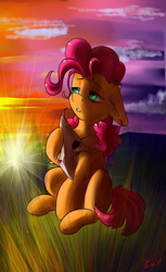 Size: 1061x1738 | Tagged: safe, artist:yuris, derpibooru import, oc, oc only, oc:dinky akniet, earth pony, pony, aquamarine eyes, field, mask, pink mane, sadness, sitting, solo, sun, sunset