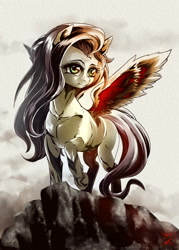 Size: 1600x2240 | Tagged: safe, artist:zetamad, derpibooru import, fluttershy, pegasus, pony, cliff, female, head turned, mare, raised hoof, raised leg, solo, spread wings, standing, three quarter view, wings