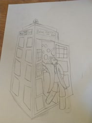Size: 3456x4608 | Tagged: safe, artist:acid flask, derpibooru exclusive, derpibooru import, doctor whooves, doctor who, drawing, leaning on wall, paper, pencil, police box, sketch, small smile, tardis, tardis control room, traditional art, wibbly wobbly timey wimey stuff