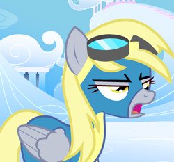 Size: 1498x1398 | Tagged: safe, artist:melissaterss, derpibooru import, derpy hooves, pegasus, pony, clothes, cloud, commission, derpy hooves is not amused, female, goggles, mare, open mouth, solo, unamused, uniform, wonderbolts, wonderbolts uniform, ych result