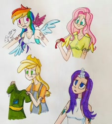 Size: 540x594 | Tagged: safe, artist:lunaart, derpibooru import, angel bunny, applejack, fluttershy, rainbow dash, rarity, bird, human, magical mystery cure, alternative cutie mark placement, clothes, cutie mark on human, horn, horned humanization, humanized, scene interpretation, swapped cutie marks, traditional art, what my cutie mark is telling me, winged humanization, wings