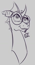 Size: 560x1025 | Tagged: safe, artist:evan555alpha, oc, oc only, oc:yvette (evan555alpha), changeling, changeling oc, cute, dorsal fin, fangs, female, forked tongue, glasses, gray background, ocbetes, round glasses, signature, silly, simple background, sketch, solo, tongue out